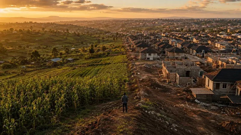 Maize fields giving way to a new housing estate on the edge of a Kenyan town at sunset