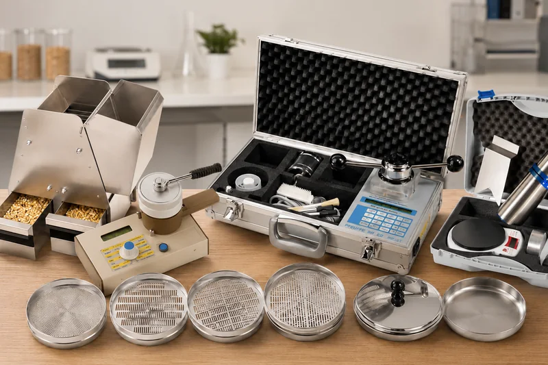 Grain laboratory equipment including a riffle divider, test sieves, and sampling instruments