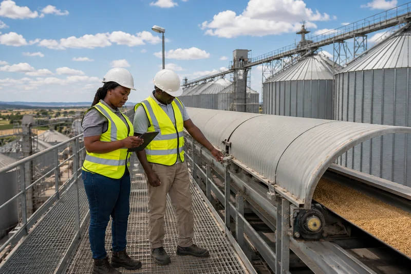 Two safety auditors inspecting a grain conveyor at a silo complex