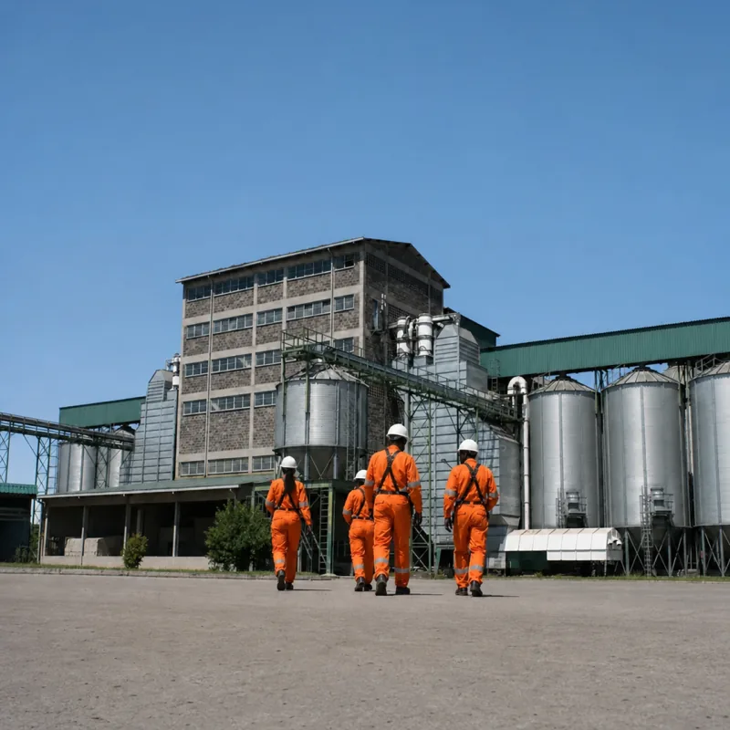 Four grain facility staff walking towards an African grain processing plant