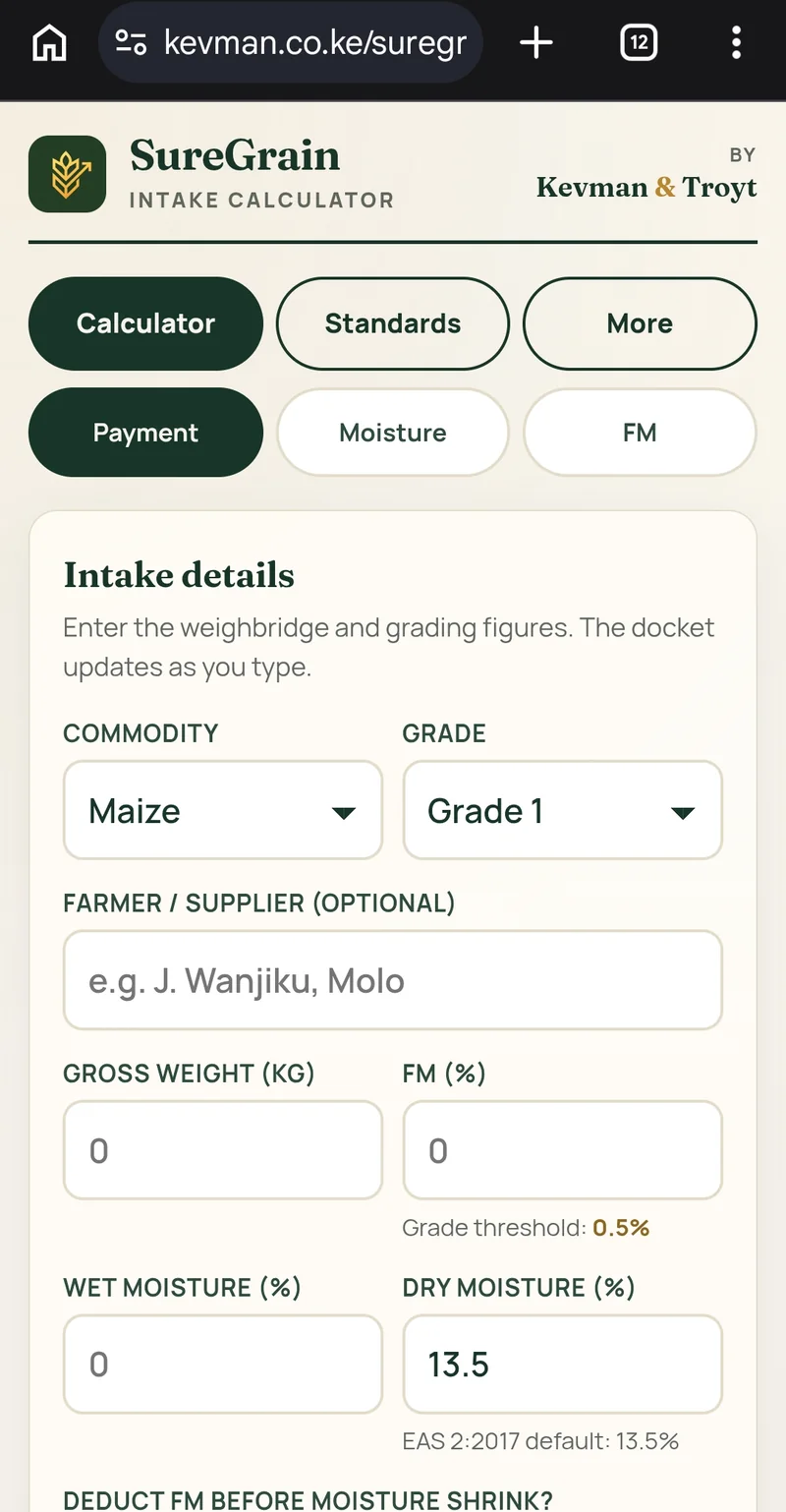 The SureGrain calculator open in the Chrome browser at kevman.co.ke/suregrain