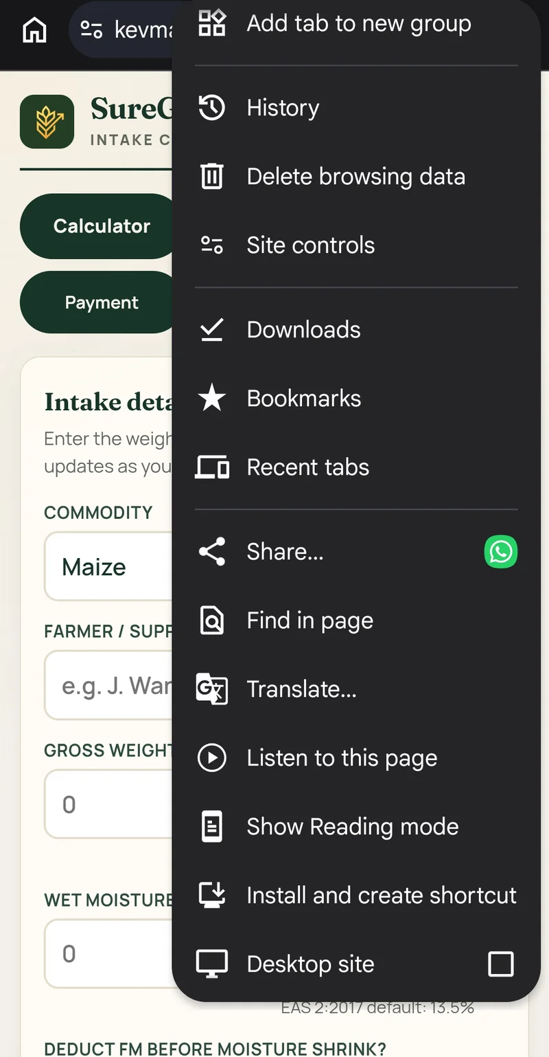 The Chrome menu open with the Install and create shortcut option shown
