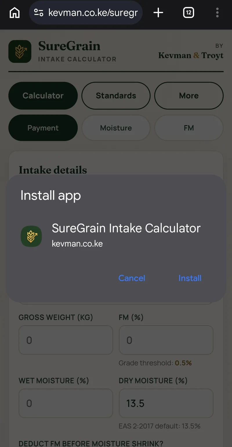 The Install app prompt showing SureGrain Intake Calculator with an Install button